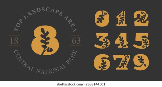 0 to 9 logos. Numbers set with oak leaf and acorn. Negative space style circle emblem. Vector icon for your ecology identity, royal brand, organic nature symbol, university coat of arms, vintage label