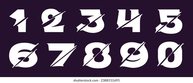0 to 9 logos. Numbers set with cyber distortion, shape-shift effect. Double exposure font. Glitch illusion icon. Monochrome type for futuristic tech heading, music poster, vibrant sale banner.