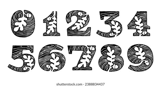 0 to 9 logos. Numbers set with oak leaf and acorn. Tree cross-section. Natural wood texture, ring pattern. Trunk saw cut. Negative space emblem. Vector icon for eco identity, university coat of arms.