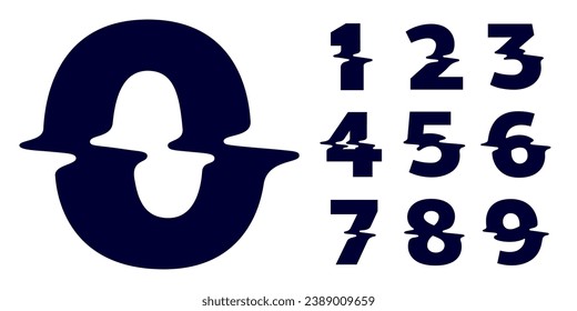 0 to 9 logos. Numbers set with shape glitch. Double exposure style. Monochrome sign with hologram and illusion effect. Vector icon for nightlife labels, game screens, vibrant adv.