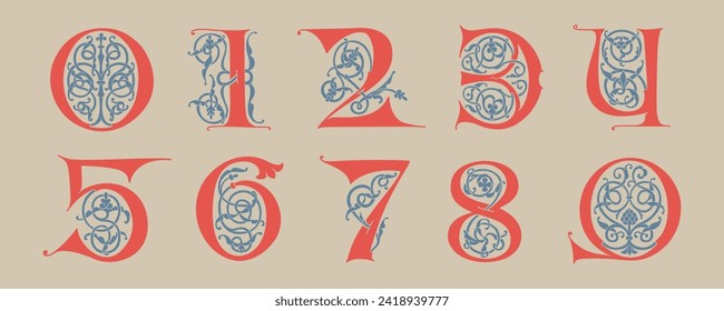 0 to 9 logos. Numbers set initials with trailing vines of thistle plant. Medieval blackletter drop caps based on Bohemian manuscript. Romanesque style dim colors illuminated emblems. Wax seal monogram