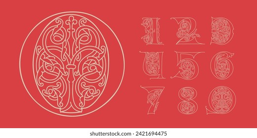 0 to 9 logos. Numbers set initials with trailing vines of thistle plant. Medieval blackletter drop caps based on Bohemian manuscript. Romanesque style dim colors illuminated emblems. Wax seal monogram