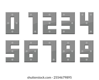 0 to 9 Metallic Numbers Vector Set. 1 2 3 4 5 6 7 8 9 0 metallic with screw numbers set illustration 