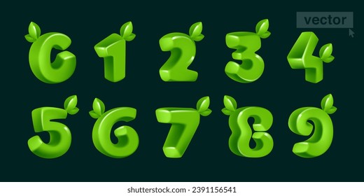 0 to 9 numbers in 3D render cartoon cubic style with green leaves. Eco-friendly vector illustration. Impossible isometric shapes. Perfect for nature banner, healthy food labels, garden, and grass adv.