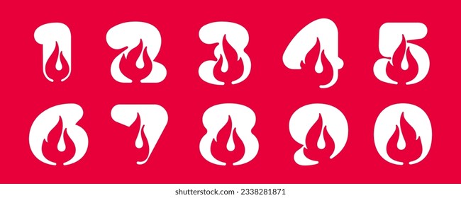 0 to 9 numbers with fire flames. Negative space vintage icons. Burning fast speed emblems. Vector for sport team wear, danger posters, victory identity, camping labels, motorcycle customize company.