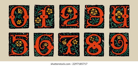 0 to 9 numbers set. Medieval grunge gothic initial. 16th century engraved drop cap. Blackletter style vintage font. Middle Ages capital icons with floral ornament. Vector square shaped calligraphy.