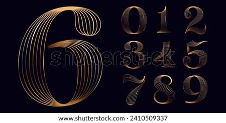 0 to 9 set. Golden Numbers. Shiny icons made of parallel lines on black background. Metallic gold, bronze, silver emblem for Super Sale. VIP template for jewelry shop, vintage promo, lingerie card.