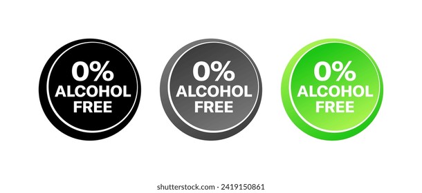 0% alcohol free stamps. Silhouette and flat style. Vector icons