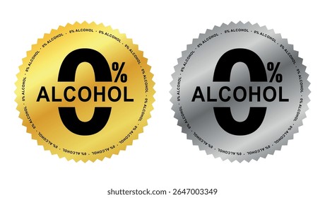 0% Alcohol label badges in gold and silver metallic design with bold typography for alcohol-free product marking	
