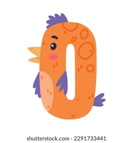 0 bird number. Zero numeral with eyes, beak and wings cute cartoon vector illustration