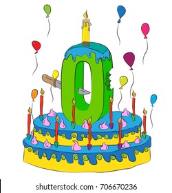 0 Birthday Cake With Number Zero Candle, Celebrating Fresh Start from Zero, Colorful Balloons and Chocolate Frosting