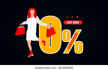 0% commission web banner, promo poster, sale flyer, placard. Special limited offer zero commission shop landing page. Vector illustration.