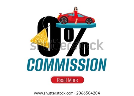 0% commission web banner, promo poster, sale flyer, placard. Special limited offer zero commission car shop landing page. Vector illustration.