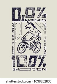 0% emissions 100% emotions - unicorn head guy riding a bicycle - ecology typography 