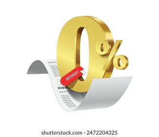 0% gold and button placed on receipt or invoice paper for designing advertisements free of interest and fees, zero percent advertising concept design, vector 3d isolated for financial concept design