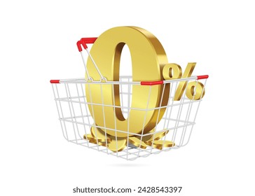0% gold text and coins or dollar in metal shopping basket and all object floating on air, vector 3d isolated on white background for promotional advertisements 0% interest is charged, zero percent fee