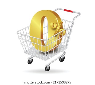 0% texto oro en carro de la compra de metal y todo objeto flotando en el aire,vector 3d aislado en fondo blanco para anuncios promocionales 0% interés se cobra