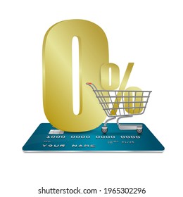 0% golden text and shopping cart on blue credit card and credit card on white background,vector 3d isolated for financial promotion advertising concept design