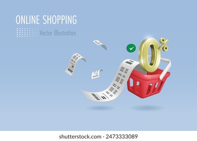 0% interest fee in shopping basket with bill receipt for online shopping, E commerce promotion campaign, financial marketing.3D vector.