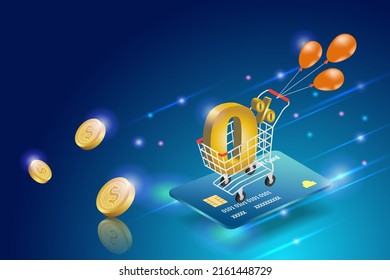 0% Interest Free In Online Shopping Cart On Credit Card Payment. Money Spending On E Commerce, Financial, Banking Hot Promotion For Online Shopping Concept.