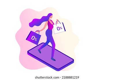 0% interest free online shopping, happy woman holding shopping bags using credit card on smartphone vector illustration