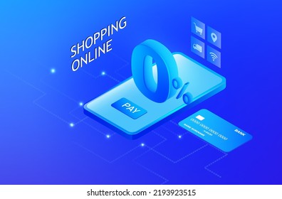 0% interest free online shopping, zero interest free installation payment on credit card vector illustration. Financial and banking e-commerce for online shopping concept.