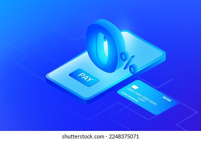 0% de interés libre de compras en línea, pago de instalación sin interés cero en ilustración vectorial de tarjeta de crédito. Comercio electrónico financiero y bancario para el concepto de compra en línea.