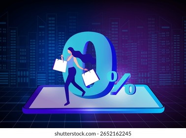 0% livre de juros compras on-line, mulher feliz segurando sacos de compras usando cartão de crédito na ilustração vetor smartphone