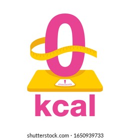 0 kcal icon - stamp for packaging of zero calories diet food packaging - zero sign stands on weight scales with measuring tape around