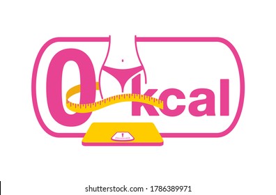 0 kcal marking emblem - stamp for packaging of zero calories diet food packaging - zero sign stands on weight scales with measuring tape around