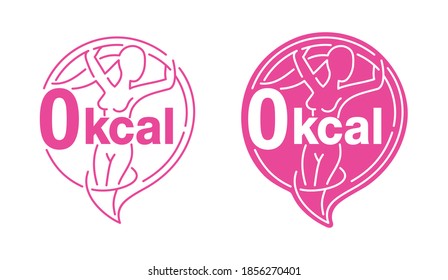 0 kcal - zero calories stamp with slim woman thin line silhouette - modern sticker for healhy diet food cover - isolated vector symbolic icon