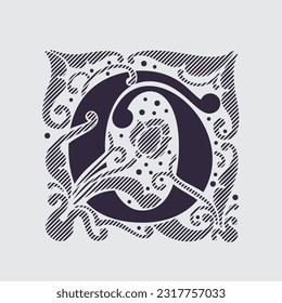 0 logo. Medieval number zero in floral ornament and diagonal hatching. Vintage antique gothic style drop cap. Luxury vector initial. Victorian engraved icon for royal monogram, classic invitation.