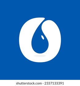 0 logo. Number zero with blue water dew drops. Negative space icon. Spring water emblem. Vector template for pure drink company, swimming posters, waste recycling identity, fight against drought adv.