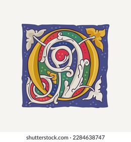 0 logo. Number zero drop cap with interlaced white vine and gilding calligraphy elements. Renaissance initial emblem. Medieval dim colored luxury icon based on Ottonian and Romanesque.