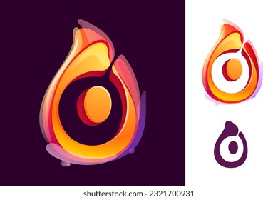 0 logo. Number zero in fire flame. Negative space 3D realistic icon. Vibrant initial in overlapping watercolor style. Vector watercolor font for danger labels, warning posters, sport identity.