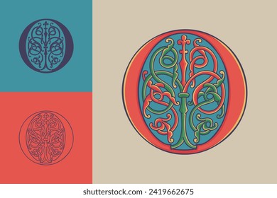 0 logo. Number zero initial with trailing vines of thistle plant. Medieval blackletter drop cap based on Bohemian manuscript. Romanesque style dim colors illuminated emblem. Wax seal monogram.
