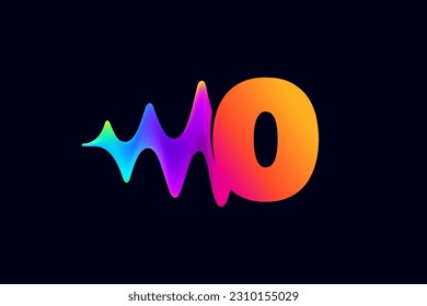 0 logotipo. Logotipo Número cero con elemento reproductor de música de pulso. Línea de flujo de ondas acústicas vibrantes y efecto de destellos. Icono de degradado de neón. Vector para tienda de tecnología, música electrónica, ecualizador de audio, afiches de DJ.