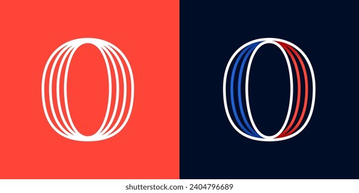 0 logo. Number zero sport style icon. Blue and red lines font. Patriotic emblem for Independence Day. Serif type for college baseball team, basketball uniform, vintage style headlines, motor magazine
