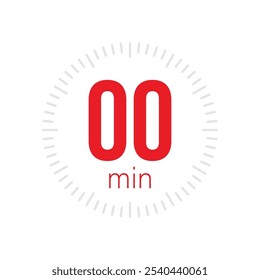 0 minute Timer, clock, stopwatch isolated icons. Countdown timer symbol. Label cooking time. Minute timer, Time measure, Chronometer, Alarm, Kitchen timer, label, sticker, stamp. Vector illustration