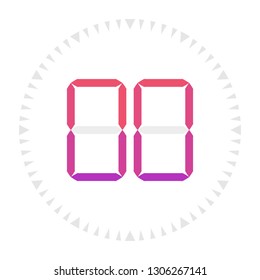 The 0 minutes, stopwatch vector icon, digital timer. Vector digital count down circle board with circle time pie diagram. Watch outline style design, designed for web and app.