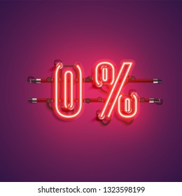 '0%' neon realistic sign, vector illustration