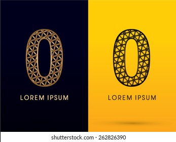 0 ,Number, Luxury font, designed using gold and black triangle geometric shape. on dark and yellow  background, sign ,logo, symbol, icon, graphic, vector.