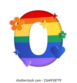 0 Numerischer Zahlenbuchstabe Abstrakter weißer, lebhafter, blühender Herz Sparkle Shine Pride Monat LGBTQIA+ Regenbogen ​ farbenfrohe rote orange gelbe grüne blaue Violet 3D Paper Cutout Card Vektorgrafik