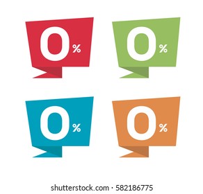 0% on colorful Red Green Blue Orange price label with percent icon isolated on white background. For summer spring autumn winter sale campaigns. 