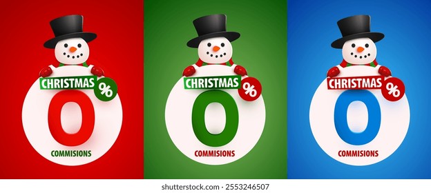 0 percent commissions.. Discount creative composition with snowman in hat. Merry Christmas and Happy New Year. Sale banner set. Vector illustration.