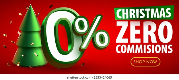 0 percent commissions. Discount creative composition. Merry Christmas and Happy New Year. Sale banner and poster. Vector illustration.