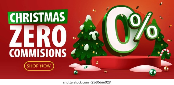 0 percent commissions. Discount creative composition. Merry Christmas and Happy New Year. Sale banner and poster. Vector illustration.