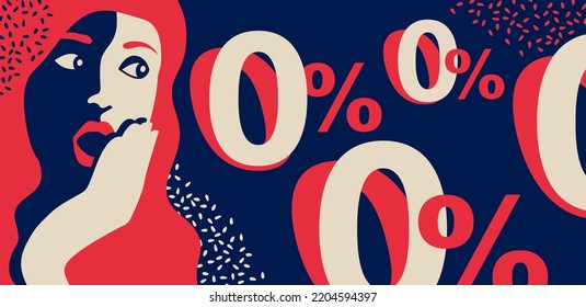 0 percent interest free vintage banner - zero commission special offer layout template with abstract elements on bright background - vector promo limited offers flyer