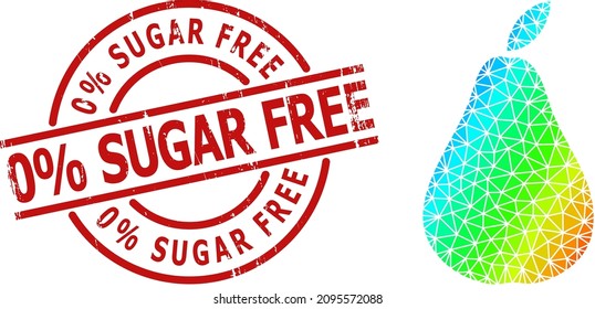 0 percent Sugar Free textured badge, and lowpoly spectrum colored pear icon with gradient. Red stamp has 0 percent Sugar Free text inside round and lines form. Triangulated pear polygonal icon