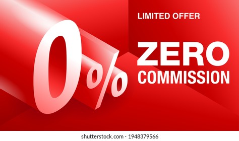 0 percents banner - zero commission special offer layout template with 3D zero Number and red background - vector promo limited offers flyer